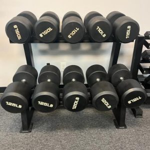 105-125 Round Rubber Dumbbells w Rack